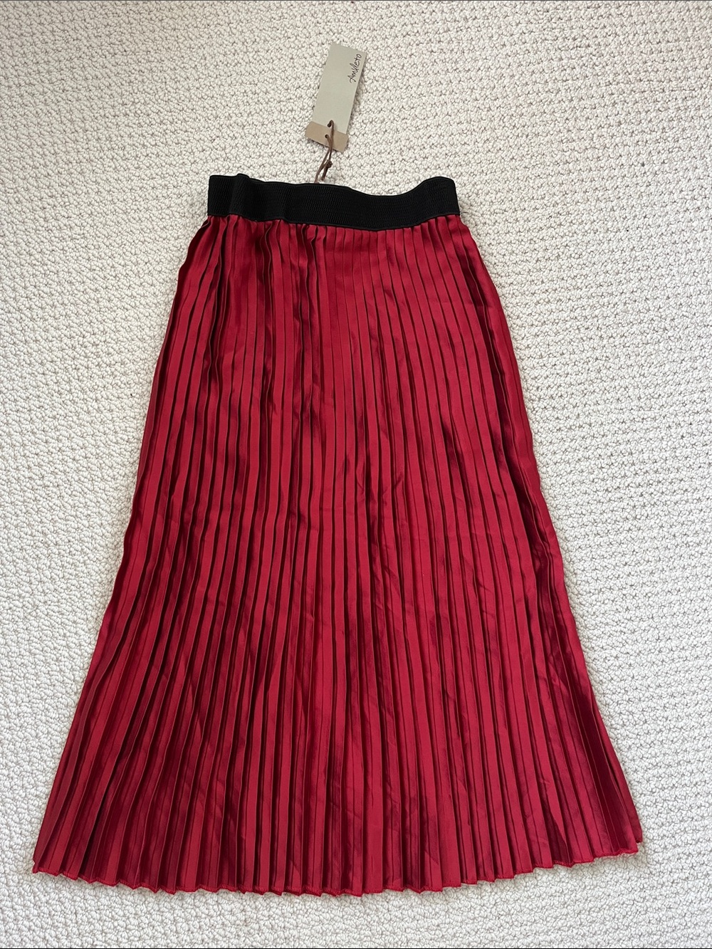Red Pleated Silky Midi Skirt with Black Elastic Waistband NWT small